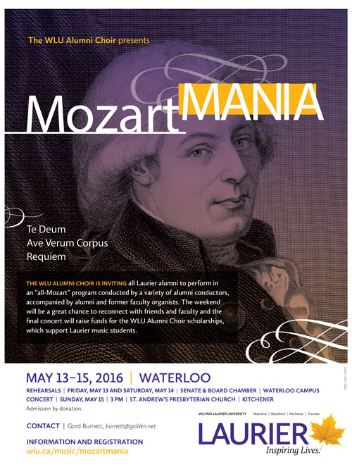 A poster for the performance titled "Mozart Mania" with a drawn portrait of Mozart.